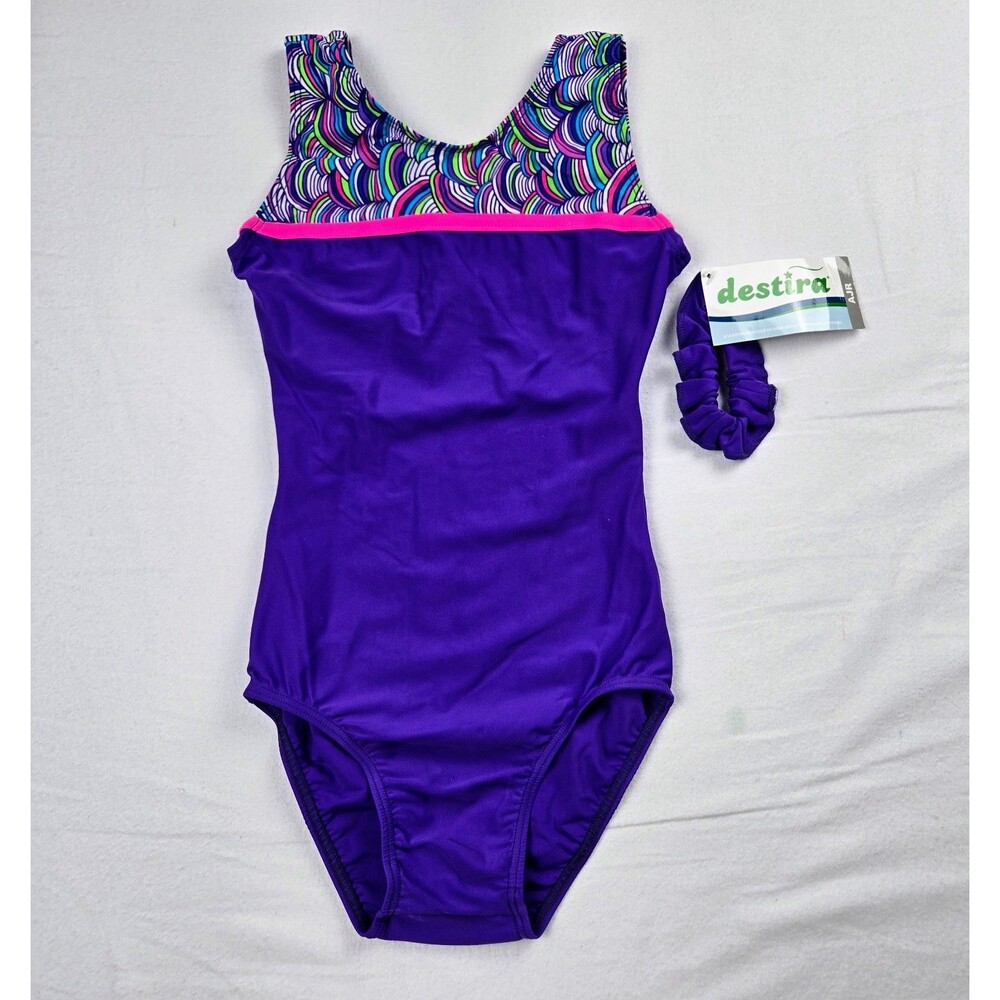 NWT Destira Gymnastics Leotard AJR Adult Junior Purple Curve Print Scrunchie